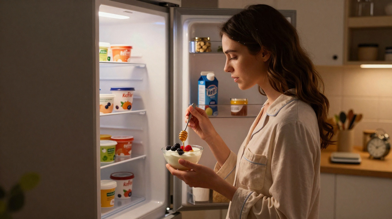 Mulher em pijama a preparar iogurte com mel e frutos vermelhos junto ao frigorífico aberto numa cozinha.