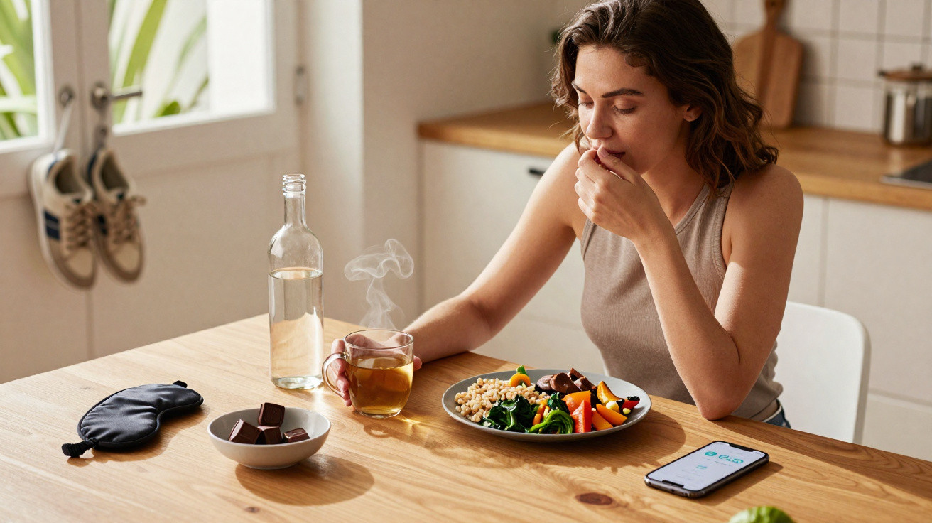 Mulher sentado à mesa a beber chá quente com prato de comida saudável e telemóvel à frente.