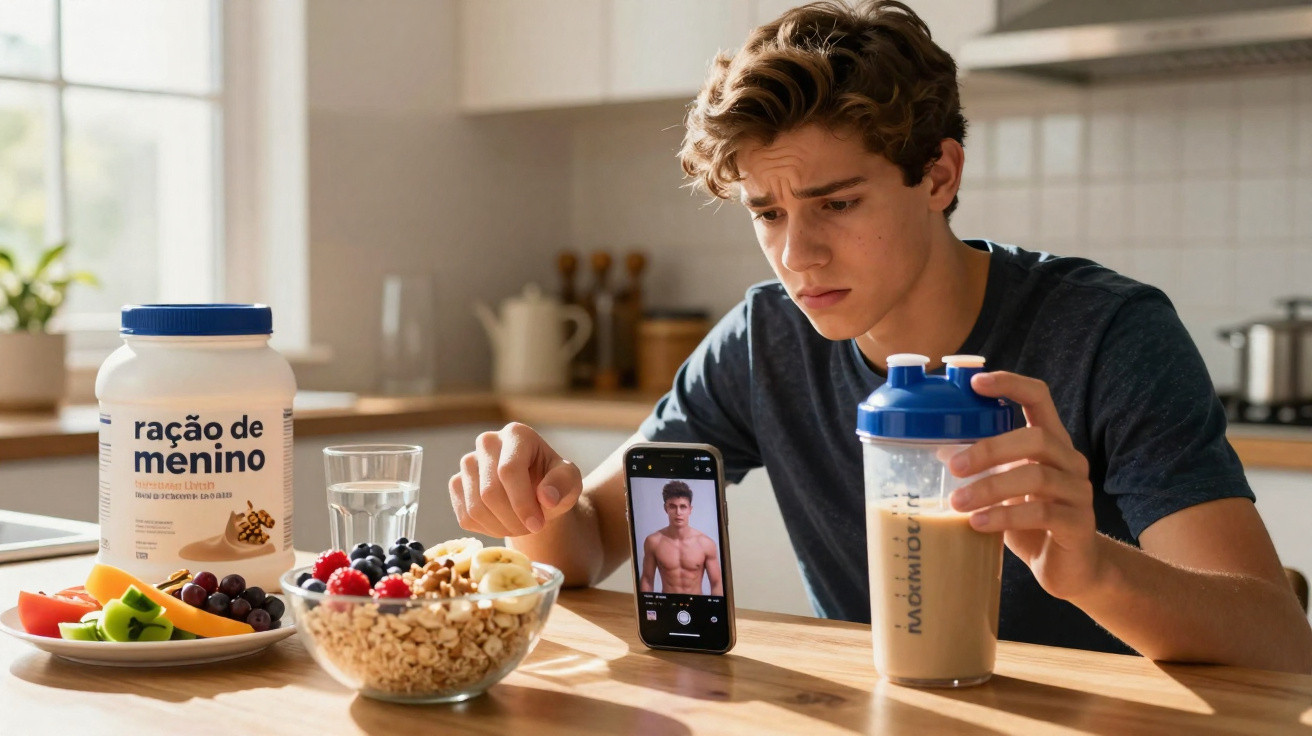 Jovem sentado à mesa com batido proteico, frutas, cereais e a tirar foto ao seu corpo no smartphone.