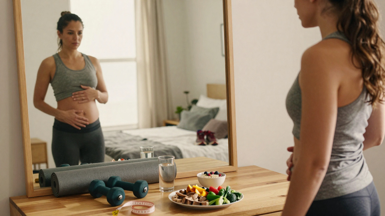 Mulher grávida em roupa de desporto olha o seu reflexo num espelho junto a uma mesa com alimentos e pesos.