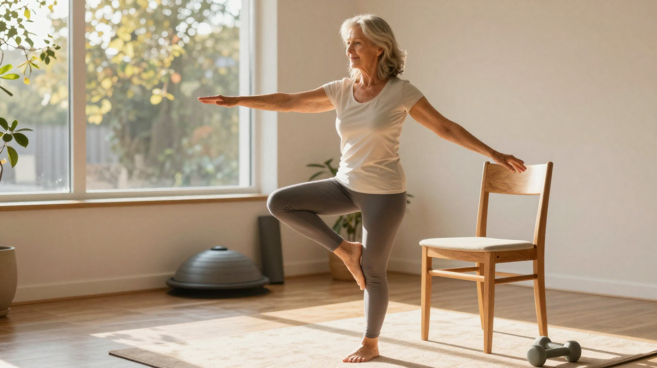 Mulher sénior a fazer yoga, equilíbrio numa perna com braços estendidos, numa sala iluminada.