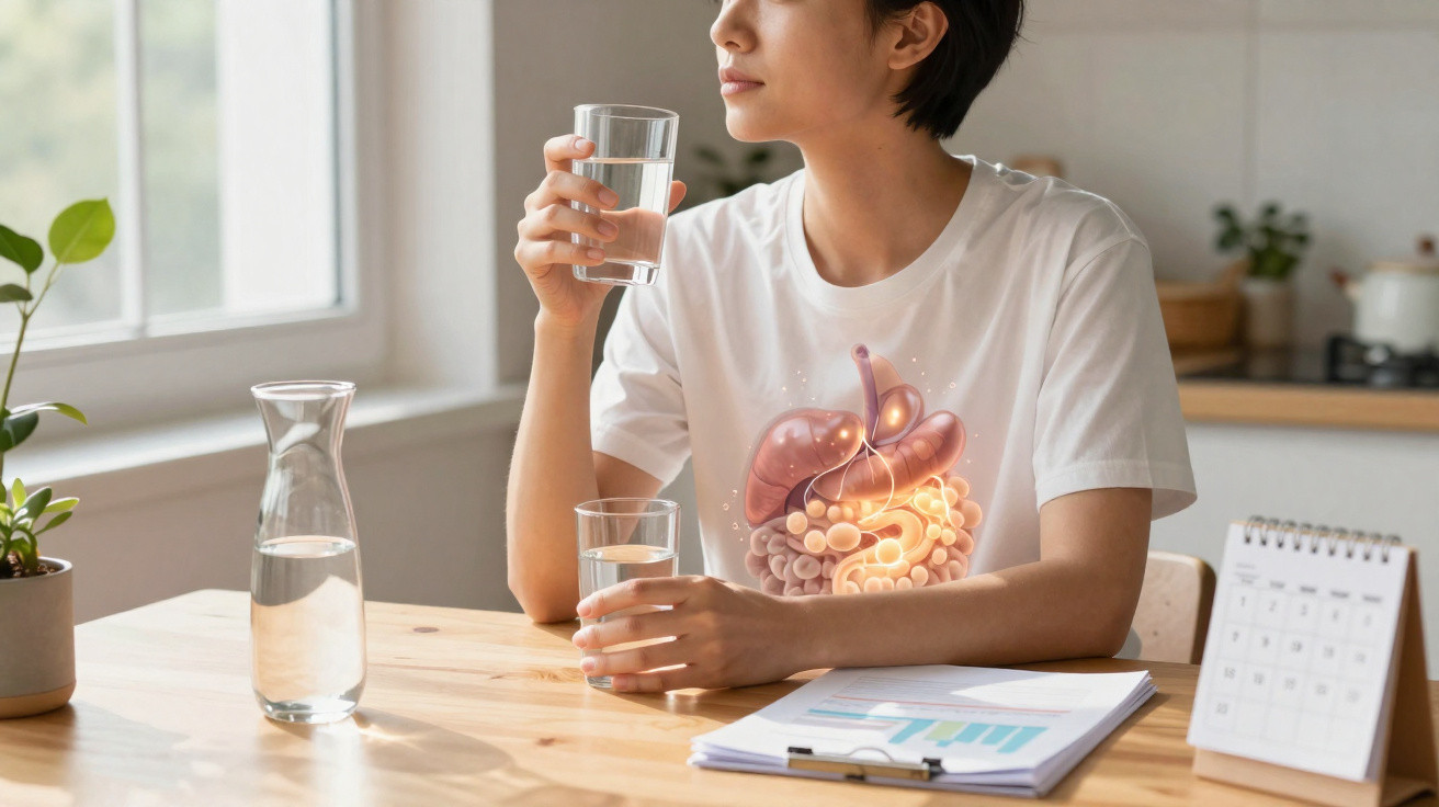 Pessoa sentada à mesa a beber água, com ilustração dos órgãos internos do sistema digestivo sobreposta na t-shirt.