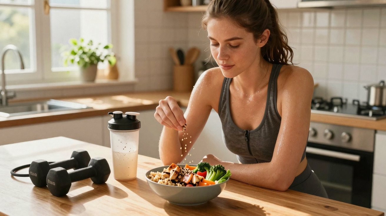 Mulher a temperar salada saudável depois do exercício numa cozinha moderna com halteres ao lado.