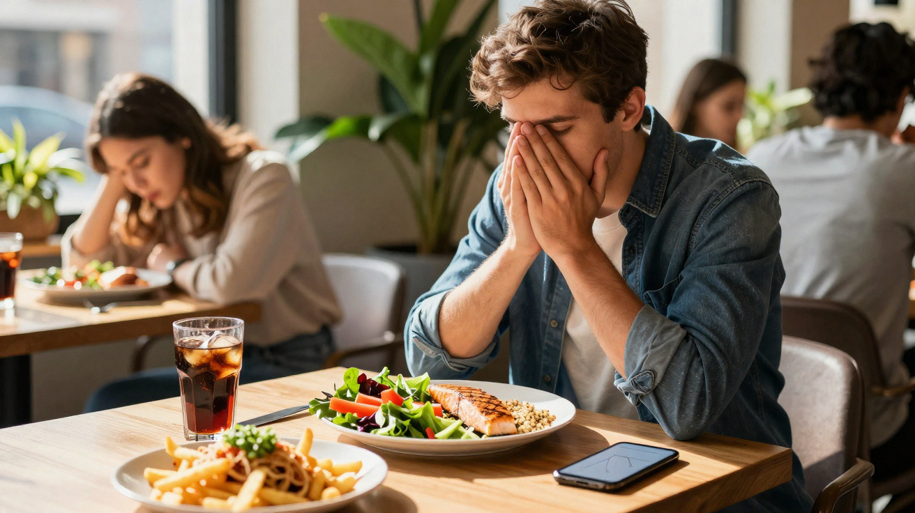 Homem num restaurante cobre o rosto com as mãos, com pratos de comida e bebida à sua frente.