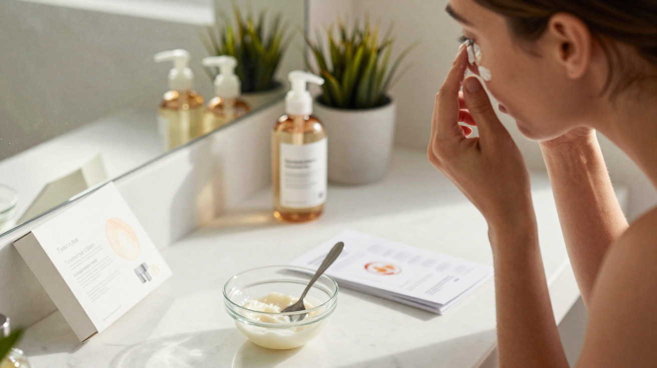 Mulher a colocar lentes de contacto no seu rosto junto a um lavatório com produtos de higiene.
