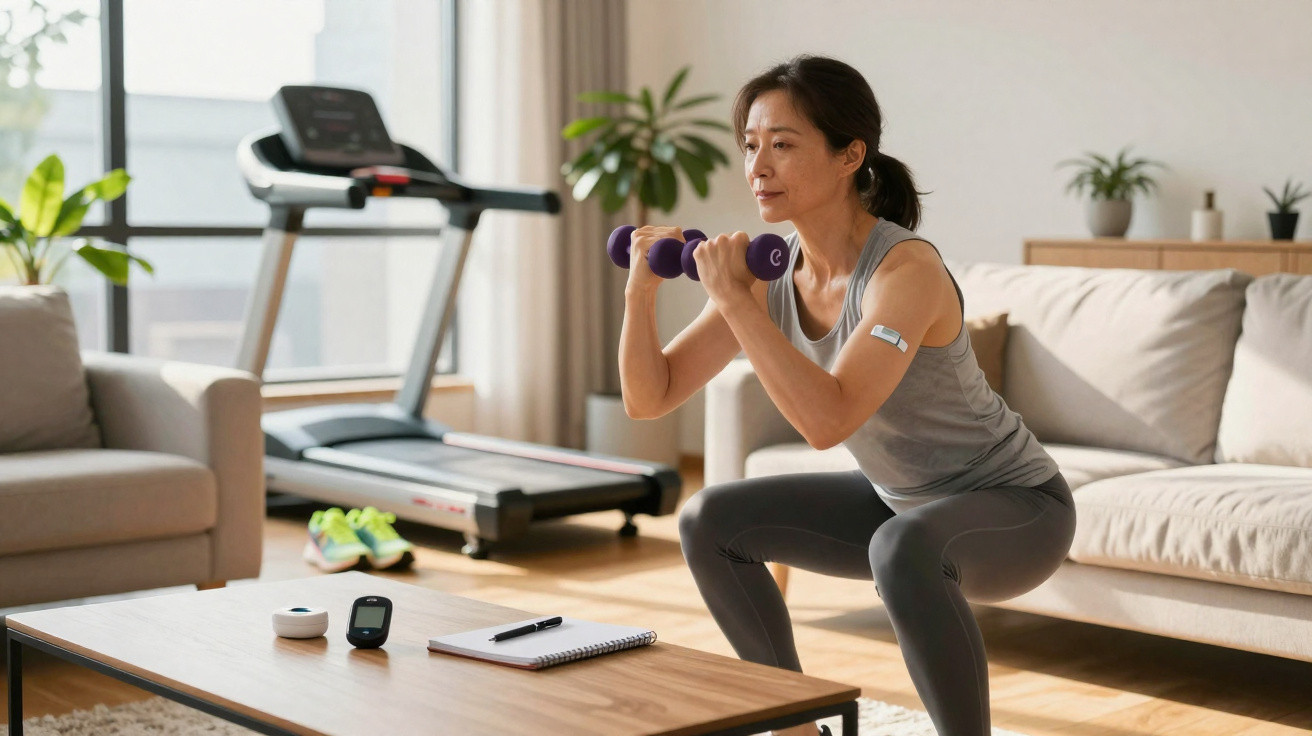 Mulher a fazer agachamentos com halteres roxos na sala, com tapete de corrida ao fundo.