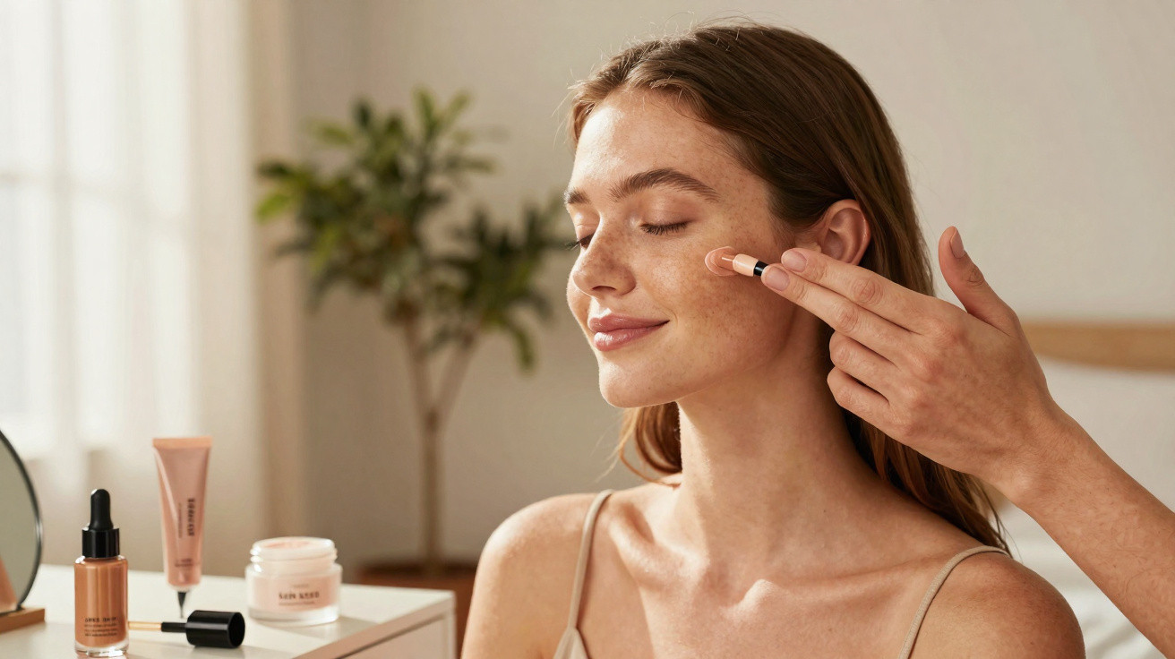 Mulher a receber aplicação de maquilhagem num rosto sorridente com olhos fechados num ambiente acolhedor.