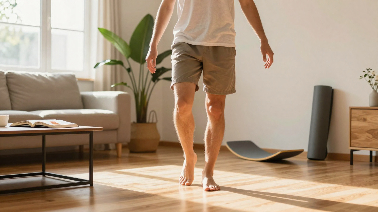 Homem descalço a caminhar numa sala com chão em madeira e móveis modernos.
