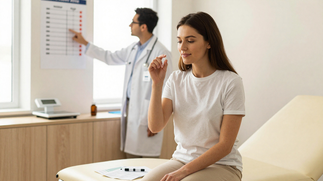 Paciente feminina a realizar teste de visão em consulta oftalmológica com médico ao fundo.