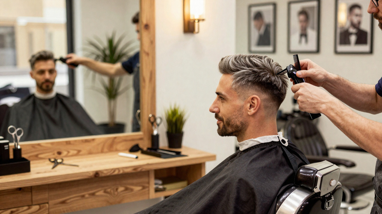 Homem sentado numa cadeira de barbeiro a receber corte de cabelo numa barbearia moderna.