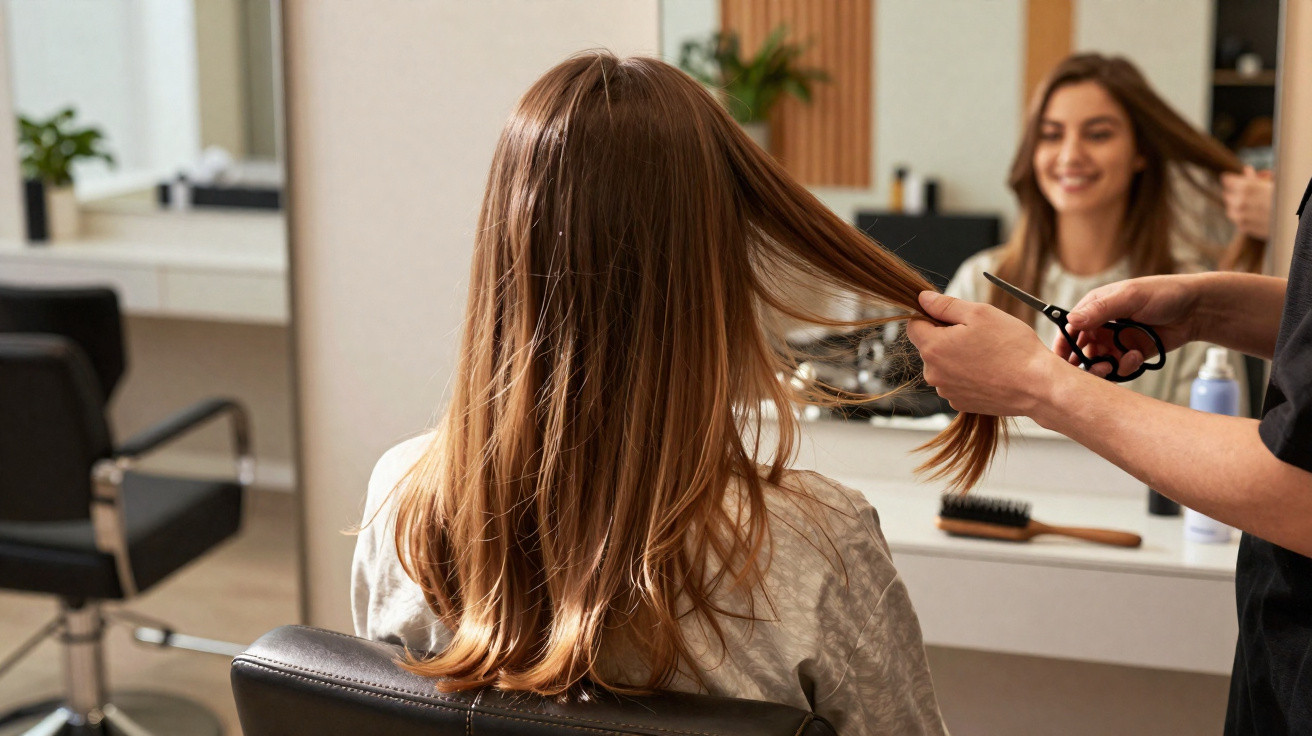 Mulher sentada num salão a cortar o cabelo comprido com tesoura, sorrindo para o espelho.