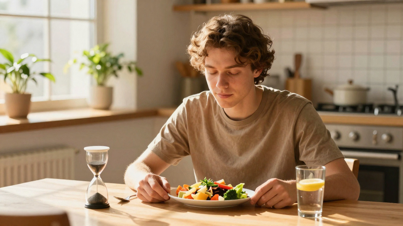 Jovem sentado à mesa com prato de salada, copo de água com limão e ampulheta numa cozinha iluminada.