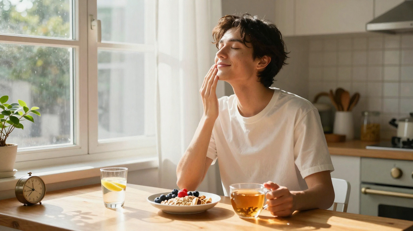 Jovem sentado à mesa de cozinha com chá e pequeno-almoço saudável, desfrutando da luz natural da manhã.
