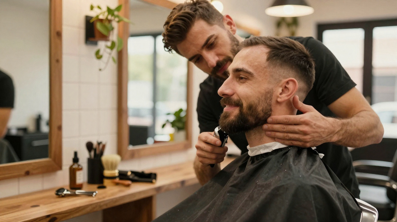 Barbeiro a aparar a barba de cliente sorridente numa barbearia moderna.