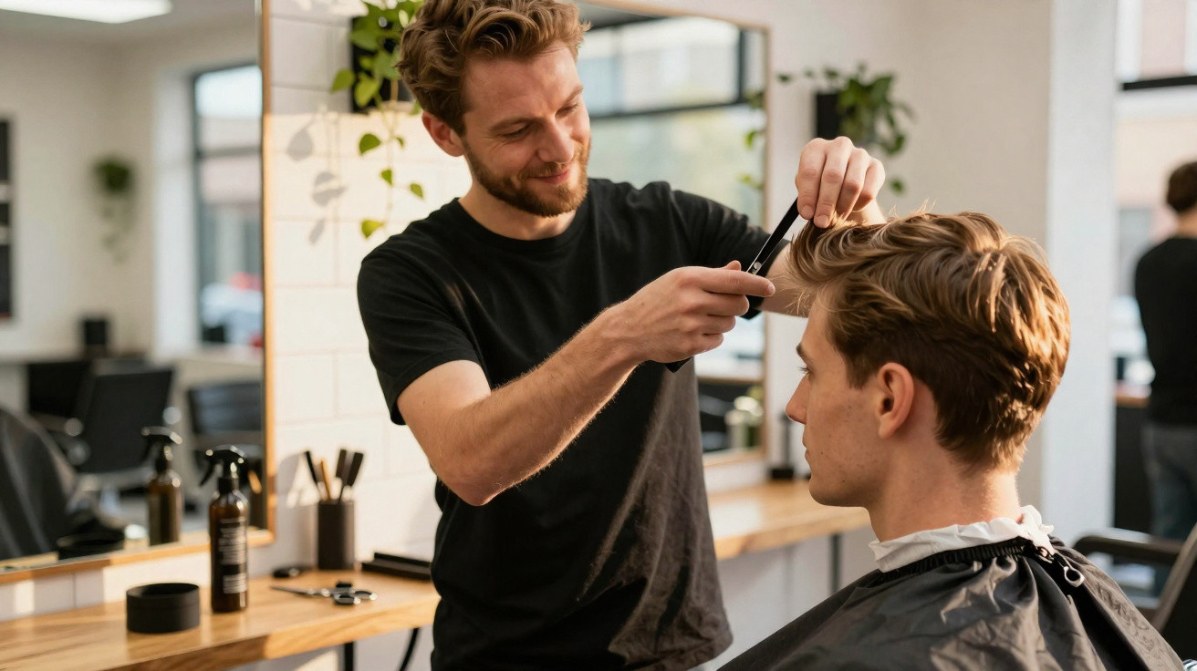 Barbeiro a cortar o cabelo de um homem num salão moderno com espelho e produtos na bancada.