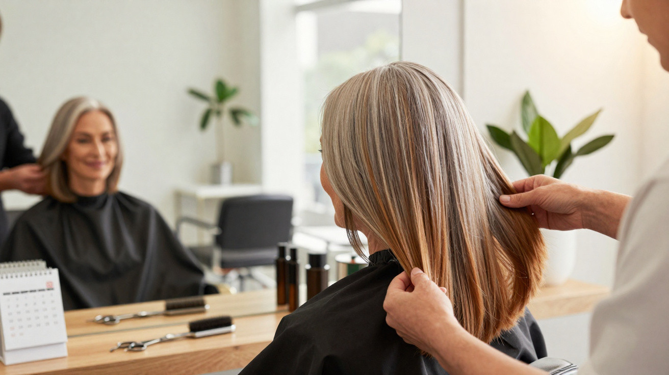 Mulher com cabelo grisalho sentado à frente de espelho enquanto cabeleireiro examina o cabelo.