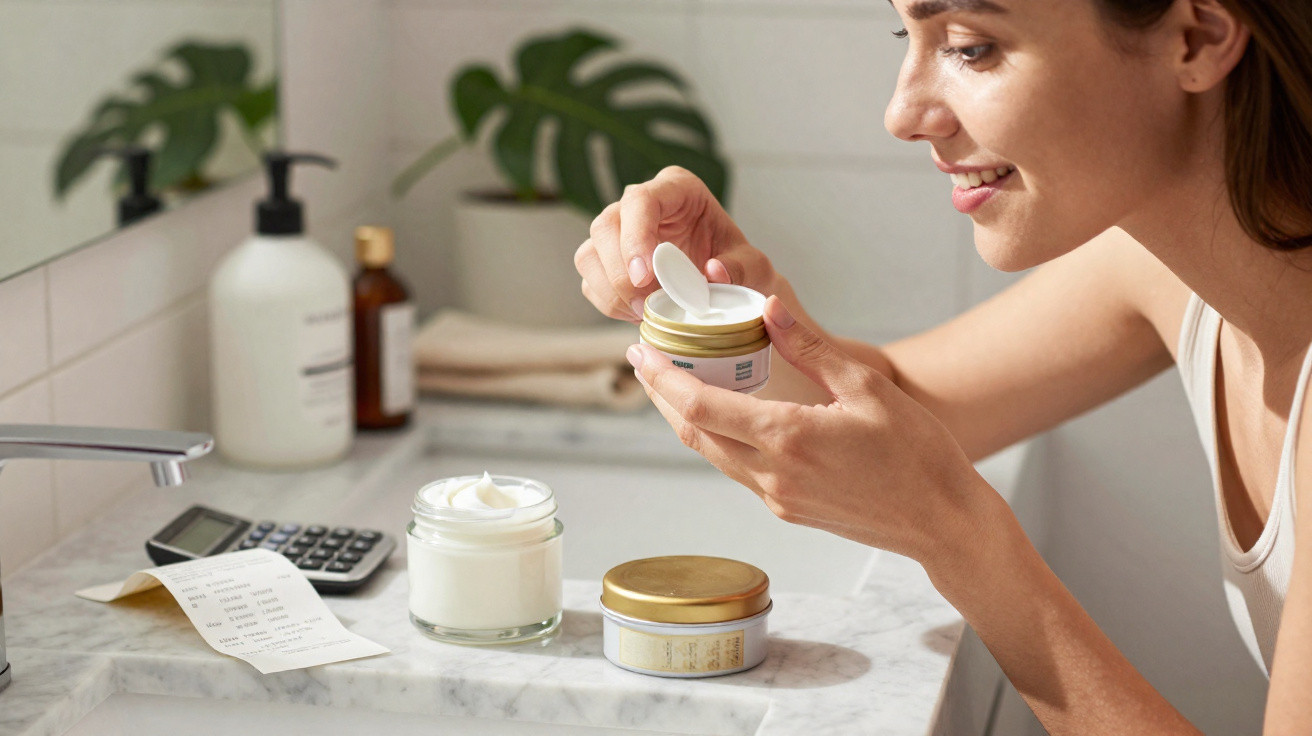 Mulher a abrir um frasco de creme facial num lavatório com produtos de cuidados de pele à volta.