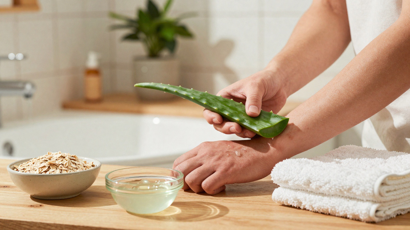 Pessoa a aplicar aloe vera na pele, com toalhas, aveia e gel numa bancada em casa de banho.