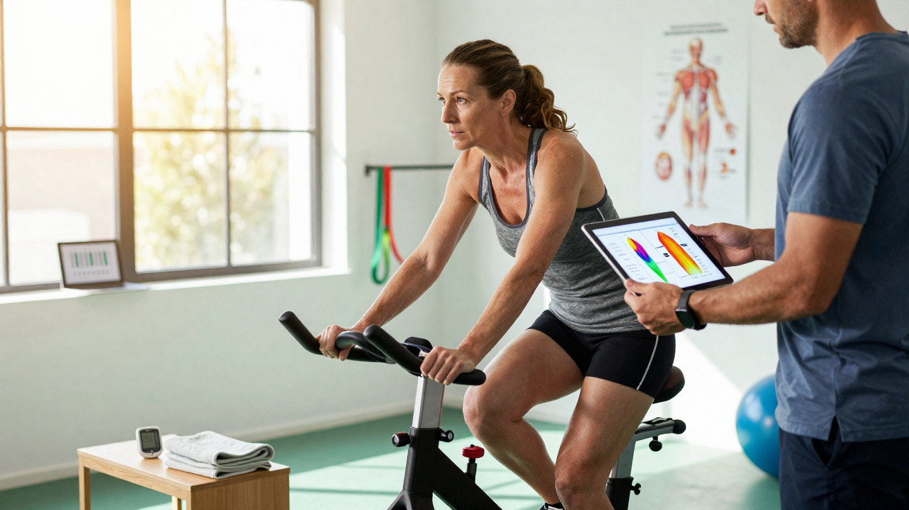 Mulher a pedalar numa bicicleta estática com treinador a analisar gráficos numa tablet num ginásio.