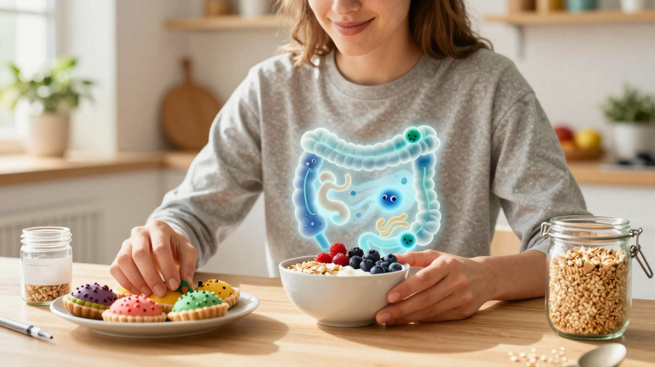 Mulher sentada à mesa com alimentos e ilustração de intestino saudável sobreposta na roupa.