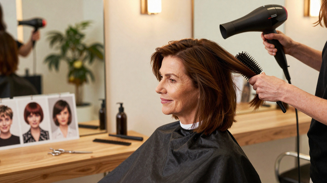 Mulher sorridente a secar e pentear o cabelo num salão de cabeleireiro, sentada com capa preta.