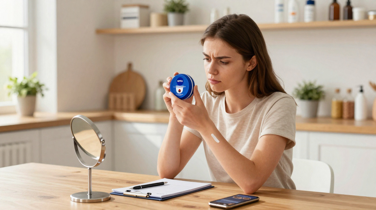 Mulher sentada à mesa lendo rótulo de creme para pele com espelho, caneta e telemóvel à frente.