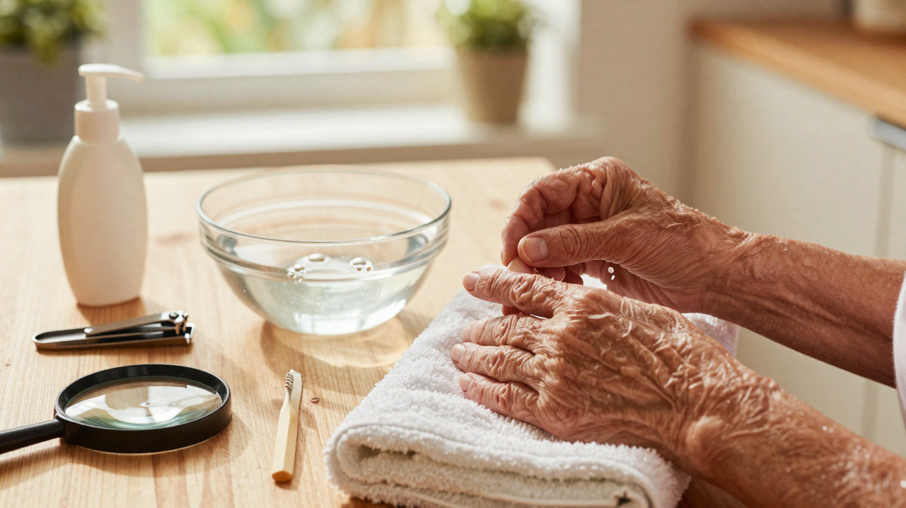 Mãos idosas a cuidar das unhas com toalha, creme, água, lima, pinça e lupa numa mesa de madeira.