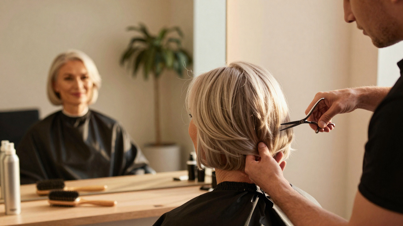Cabeleireiro a cortar cabelo curto a uma mulher com capa preta sentada em frente a espelho.