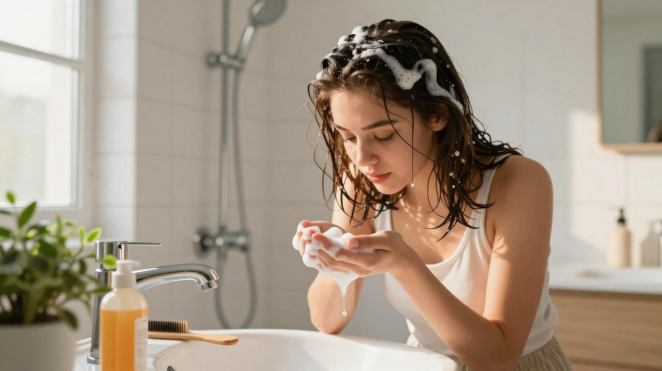 Mulher lava o cabelo com espuma num banheiro iluminado pela luz natural da janela.