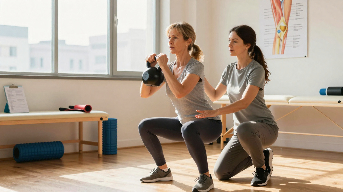 Mulher faz agachamento com kettlebell enquanto fisioterapeuta a orienta num ginásio luminoso.