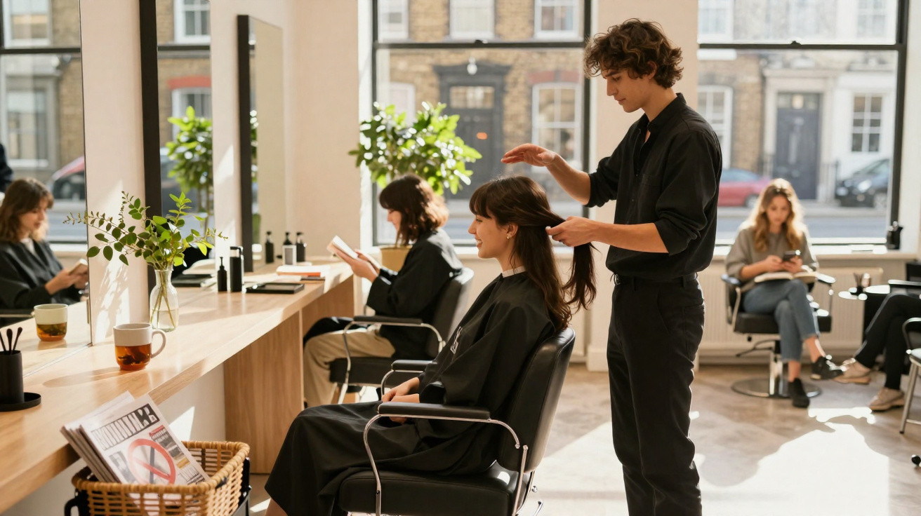 Cabeleireiro arranja cabelo de mulher enquanto outras clientes esperam sentadas num salão iluminado.