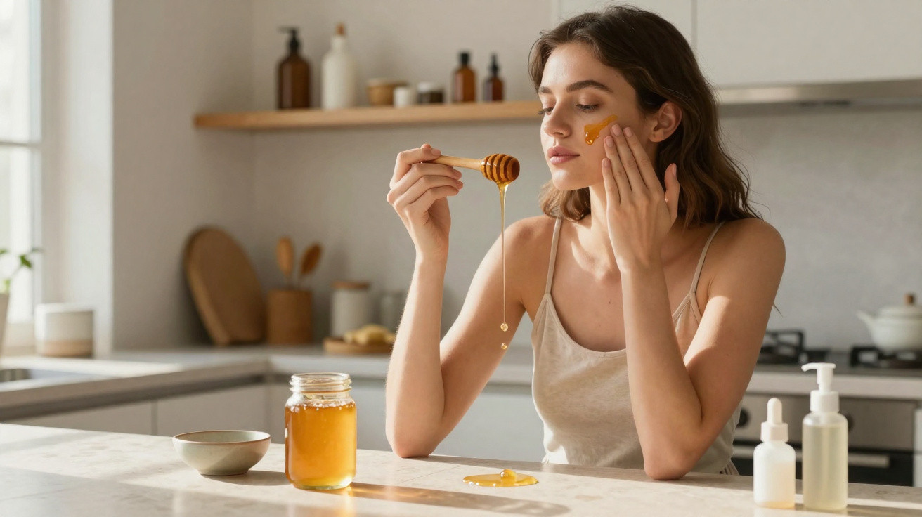 Mulher a aplicar mel no rosto numa cozinha moderna, com frascos de cosméticos na bancada.