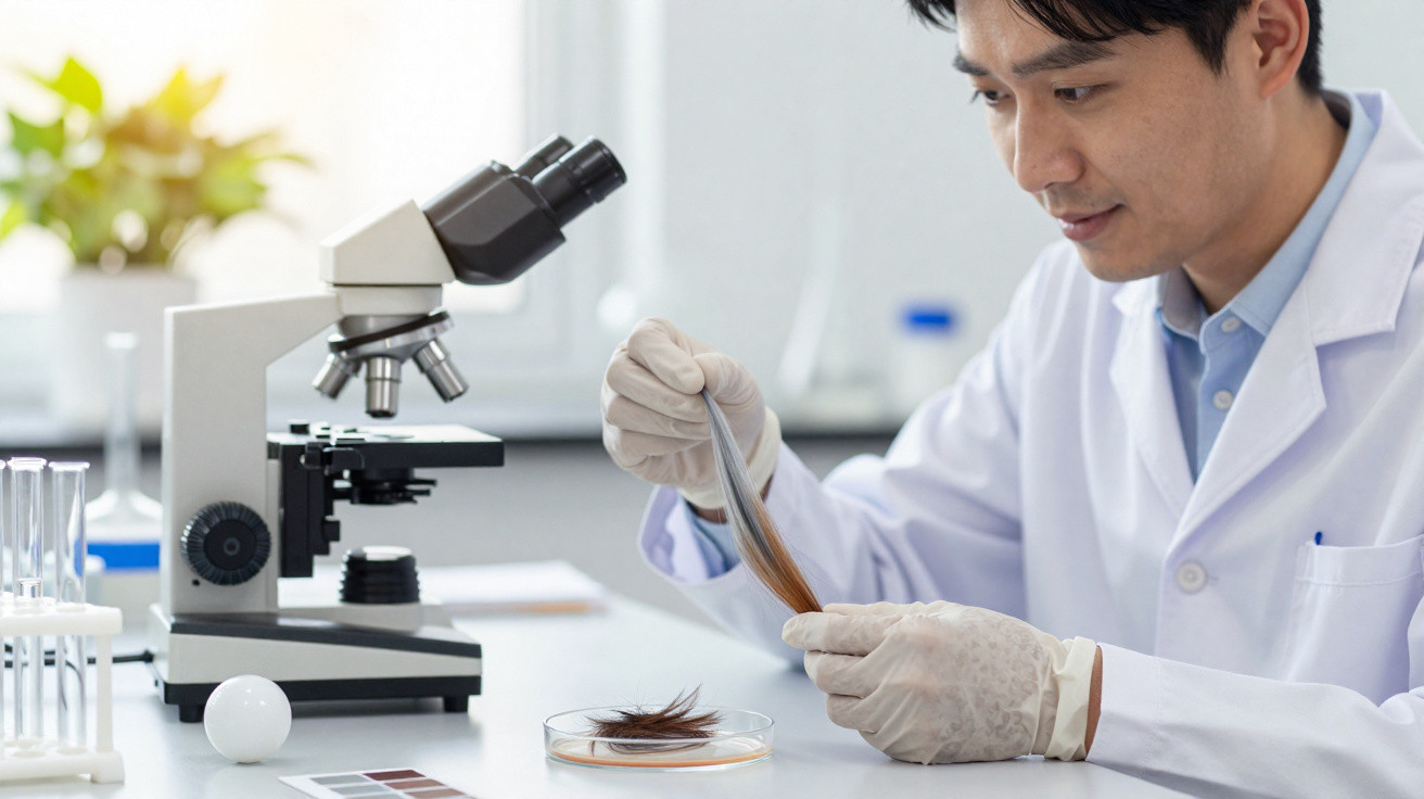 Cientista com bata branca e luvas analisa amostras de cabelo num laboratório junto a um microscópio.