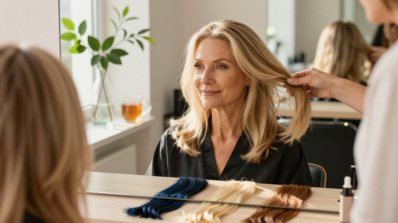 Mulher de idade média no salão de cabeleireiro a experimentar diferentes tonalidades de cabelo à frente do espelho.