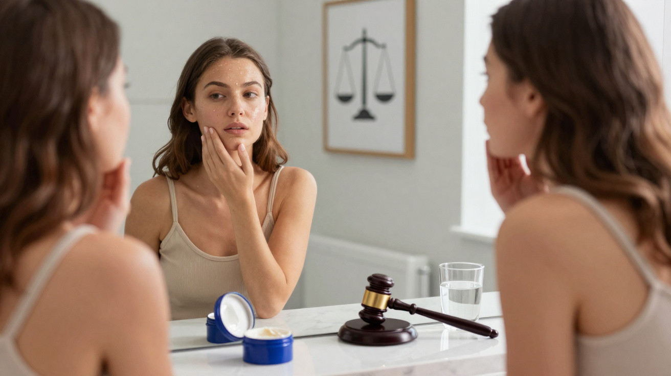 Mulher olha ao espelho com creme facial no rosto, com martelo de juiz e símbolo de justiça ao fundo.