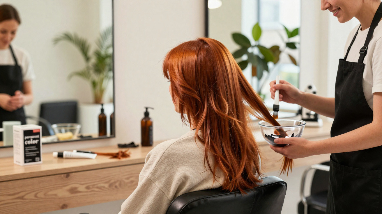 Profissional aplica tinta castanha nos cabelos de mulher ruiva num salão de cabeleireiro moderno.