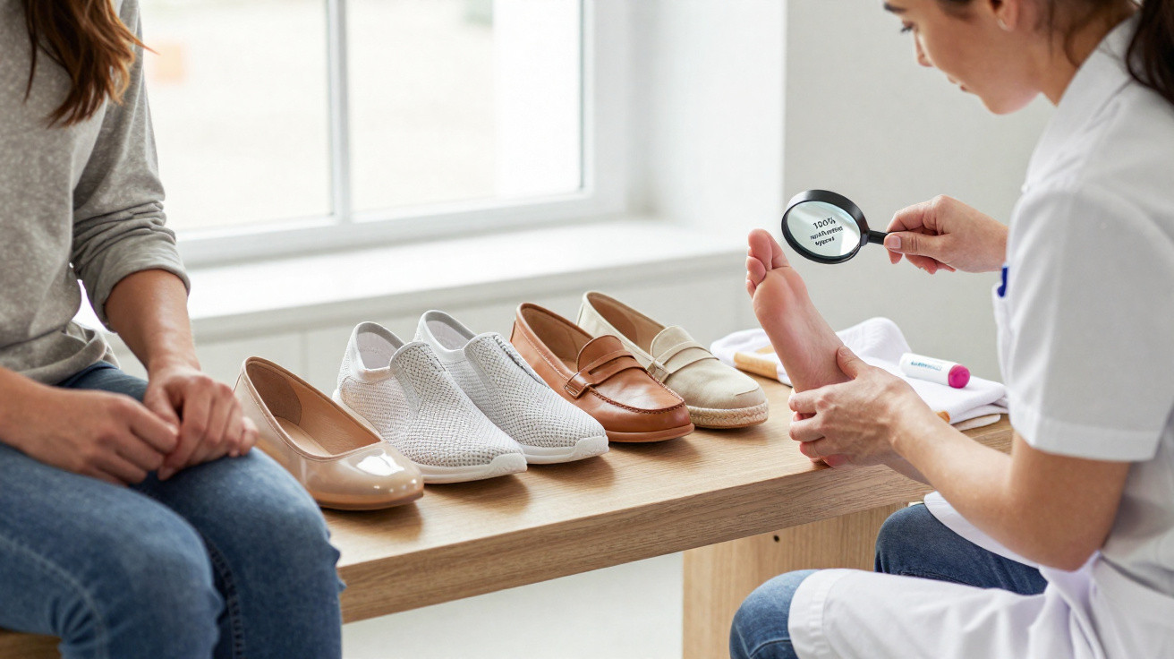 Podologista examina o pé de uma mulher sentada, com vários sapatos alinhados numa mesa perto da janela.