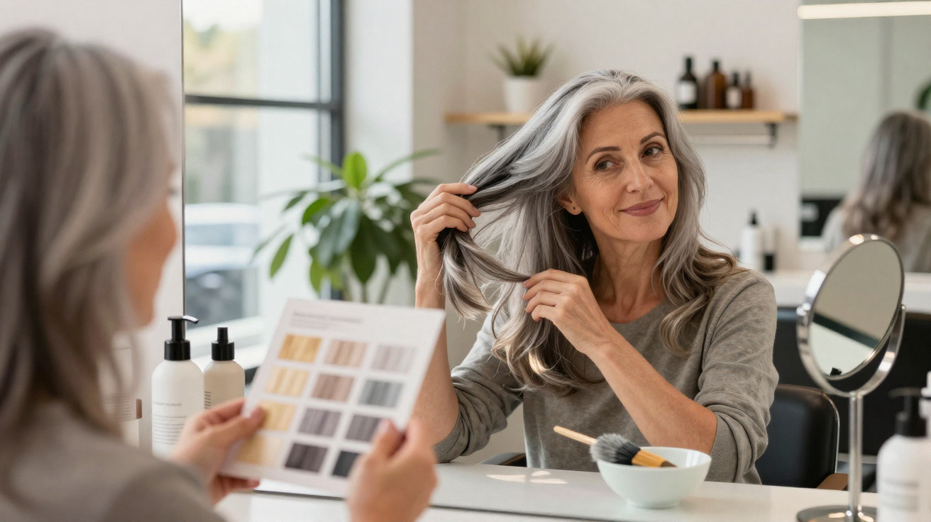 Mulher madura com cabelo grisalho a escolher a cor do cabelo num salão de beleza moderno.