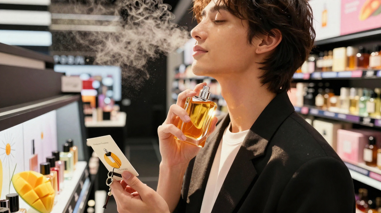 Pessoa perfumando-se com frasco de perfume amarelo em loja de cosméticos.