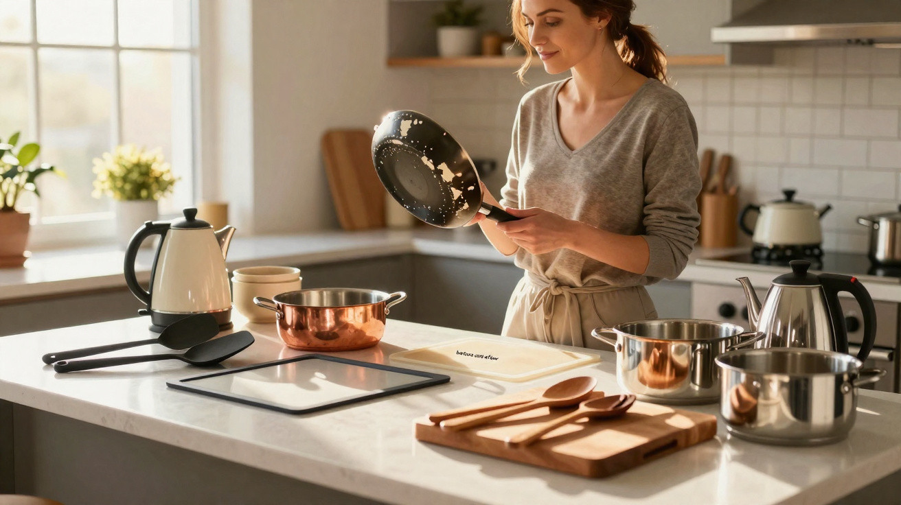 Mulher a cozinhar numa cozinha moderna, segurando uma frigideira com restos de massa.