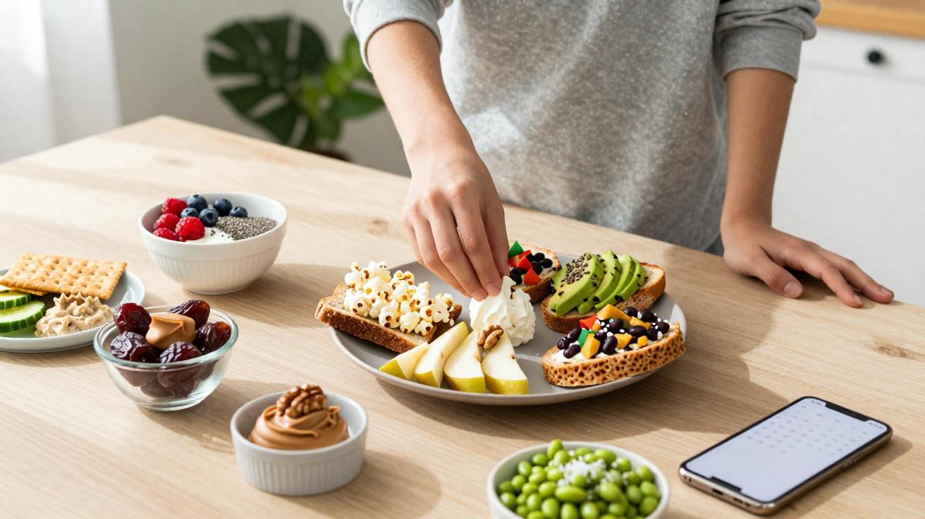 Pessoa a preparar snacks saudáveis numa mesa com frutas, tostas, legumes, iogurte e smartphone.