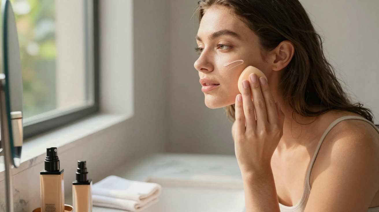 Mulher aplica base facial com esponja junto a espelho numa casa de banho iluminada.