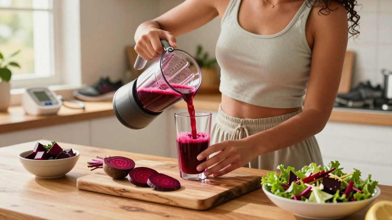Pessoa a servir sumo de beterraba num copo na cozinha, com beterrabas fatiadas e salada na mesa.