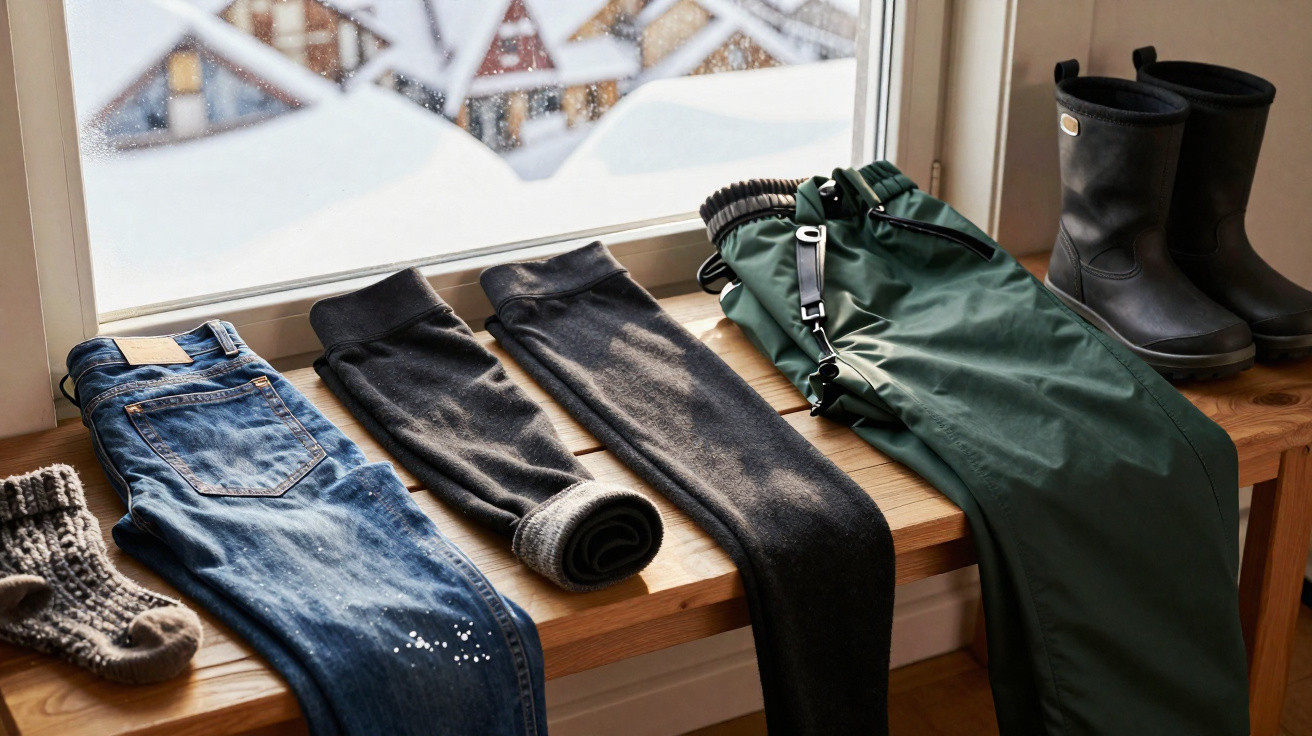 Calças, leggings, meias e botas organizadas numa bancada junto a janela com neve no exterior.