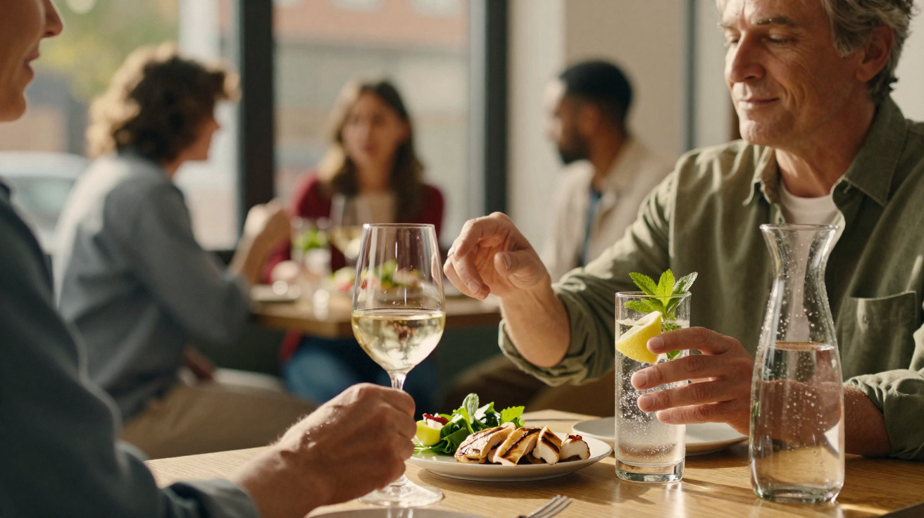 Homens comendo e bebendo vinho e água com limão num restaurante com outras pessoas ao fundo.