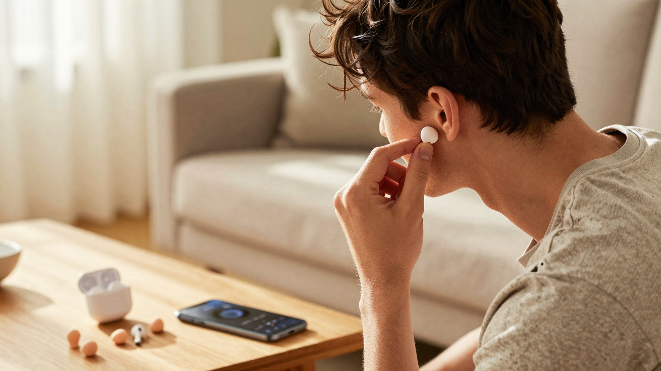 Pessoa a colocar auricular wireless no ouvido, sentada em frente a uma mesa com smartphone e estojo de auriculares.