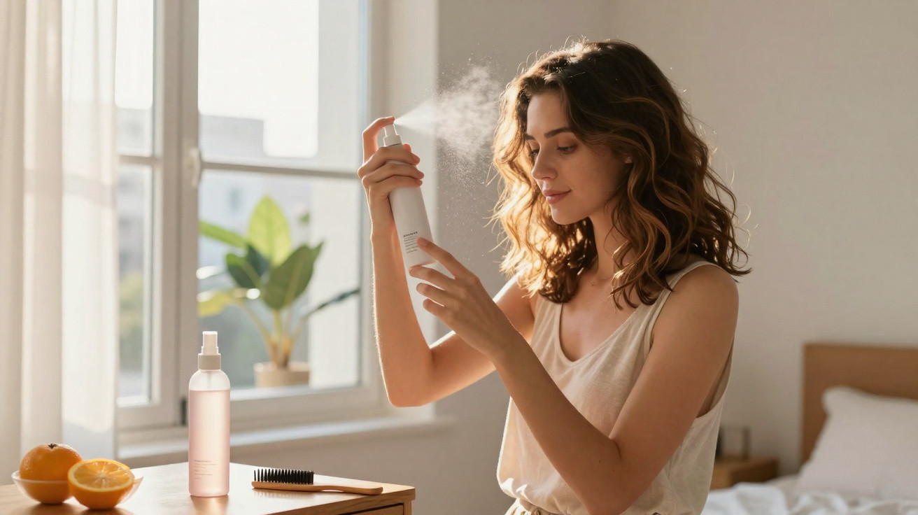 Mulher a aplicar spray no rosto, sentada junto a uma janela luminosa com fruta e pente na mesa.