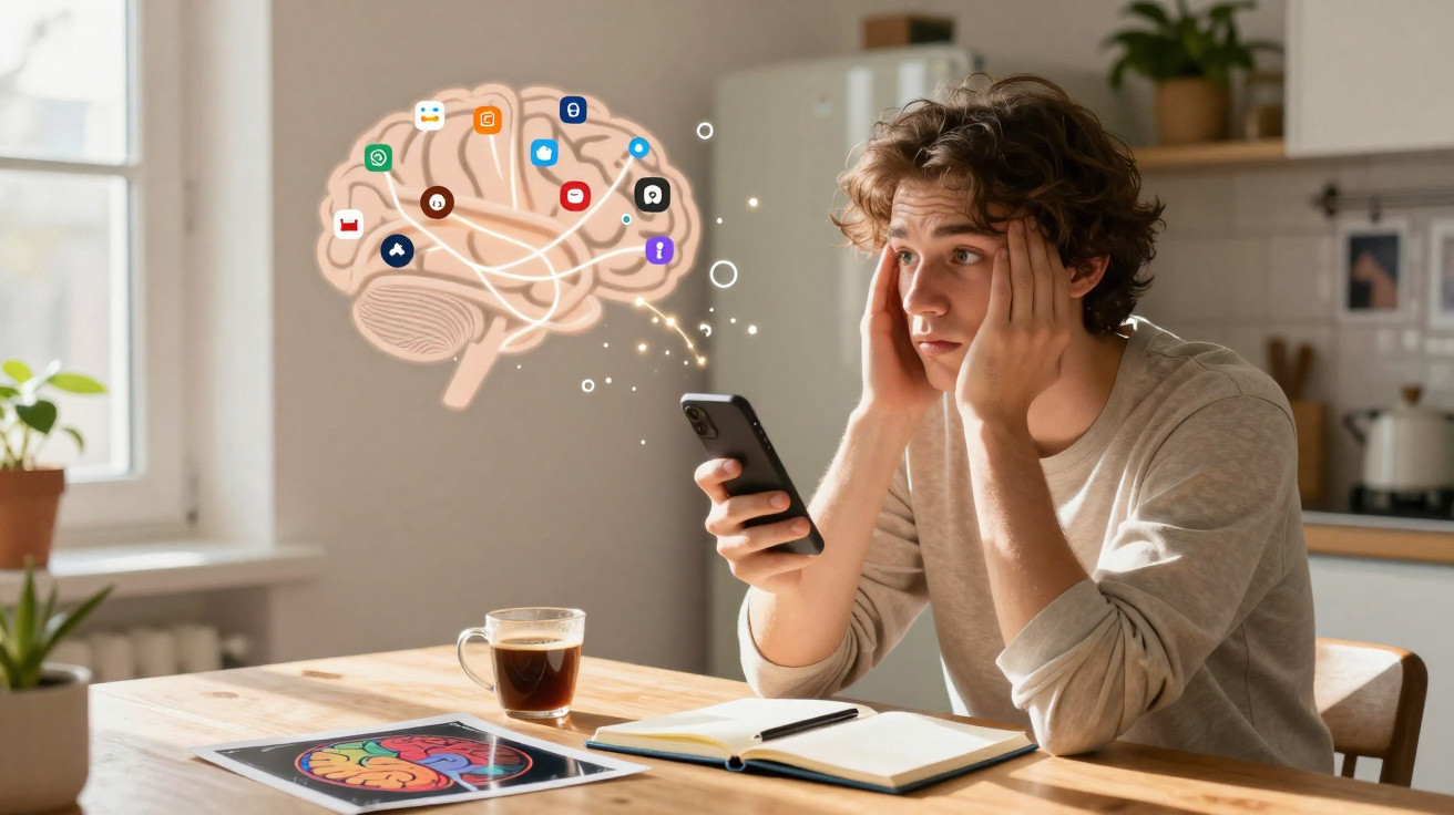 Jovem preocupado a olhar para o telemóvel, com representação gráfica de cérebro e ícones de apps a flutuar.