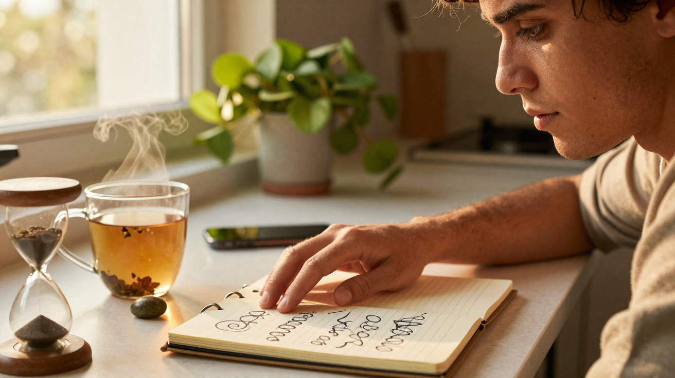 Jovem sentado à mesa lê caderno escrito à mão com chá quente e ampulheta na janela.