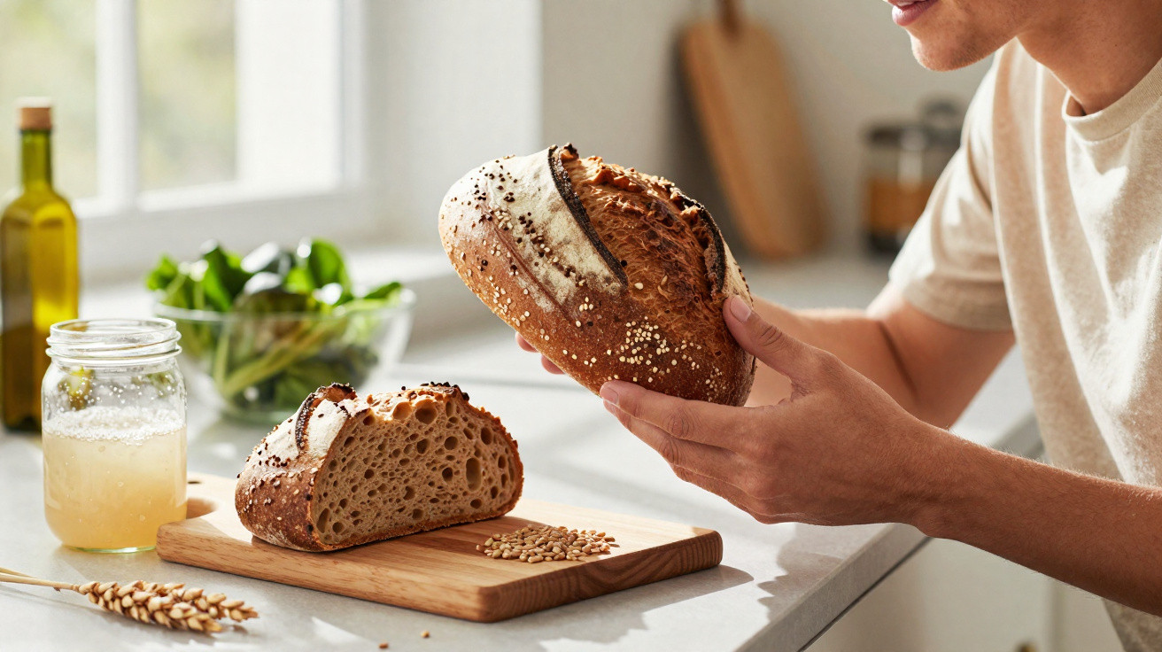 Pessoa a segurar pão artesanal com sementes, ao lado de fatia de pão e frasco de mel sobre bancada de cozinha.